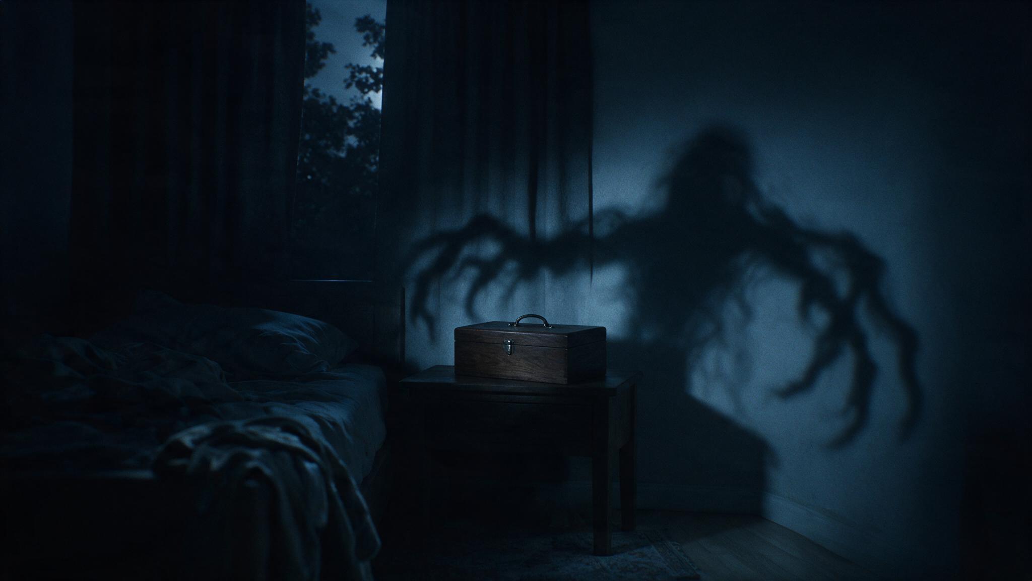 A dark bedroom, a long twisted shadow cast across one wall, a closed wooden box on the bedside table, an ominous presence only hinted at and never shown, an eerie and chilling atmosphere (AI-generated image)