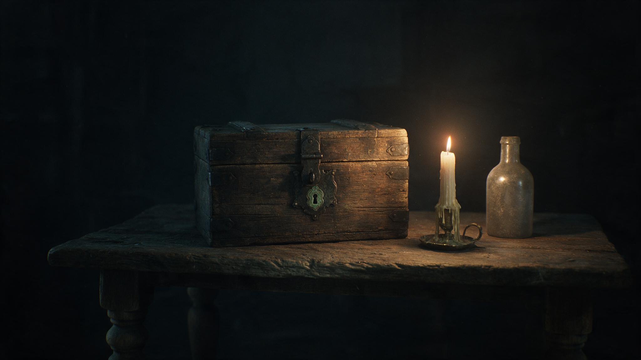 A dim room, an old locked box resting on a wooden table lit by a single guttering candle, a candlestick trailing wax and a dust-covered glass bottle beside it, the eerie and mysterious air of an aged antique (AI-generated image)