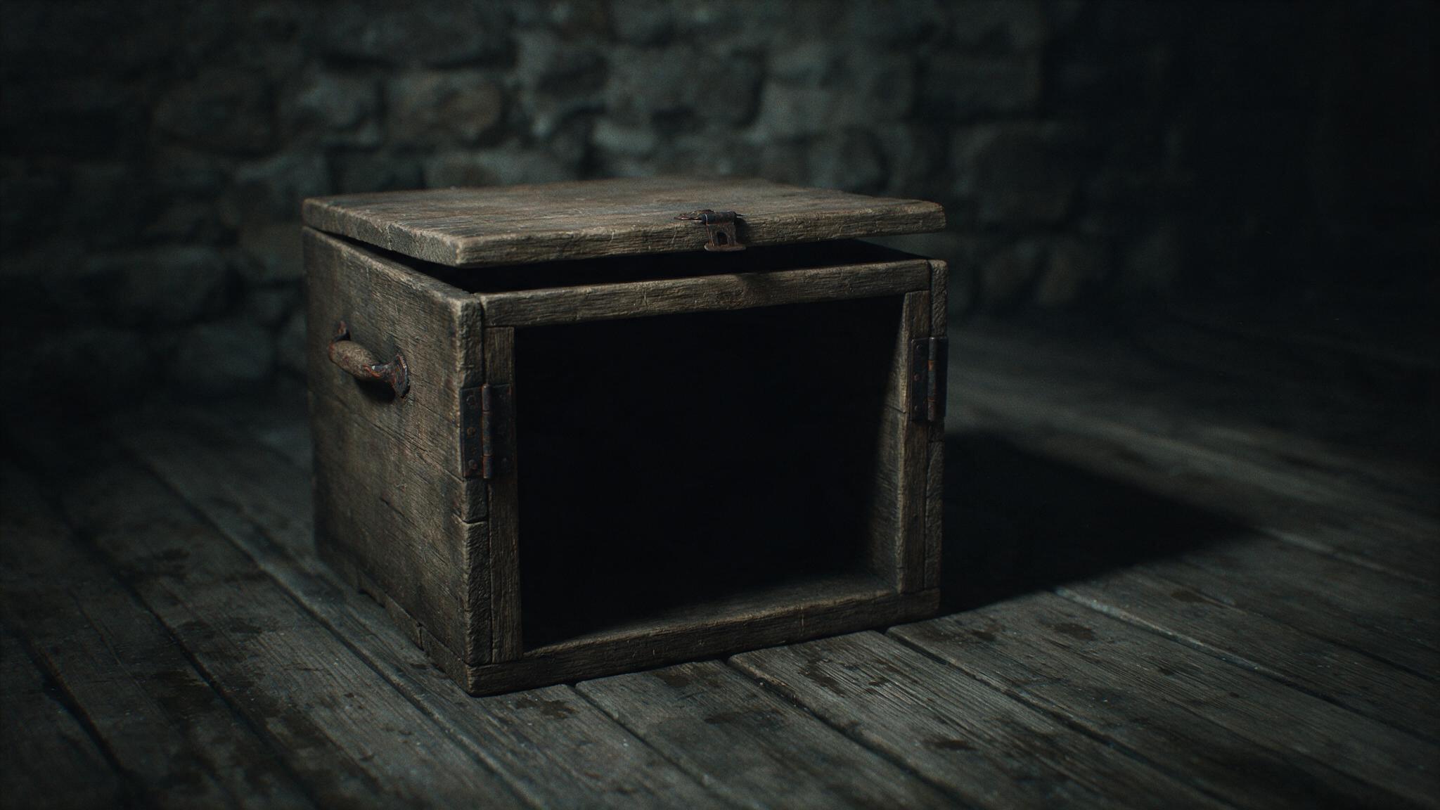 An old wooden box with its hinged door slightly ajar, a faint darkness seeping through the gap, the empty interior lost in shadow, a chilling antique atmosphere, a formless sense of dread (AI-generated image)