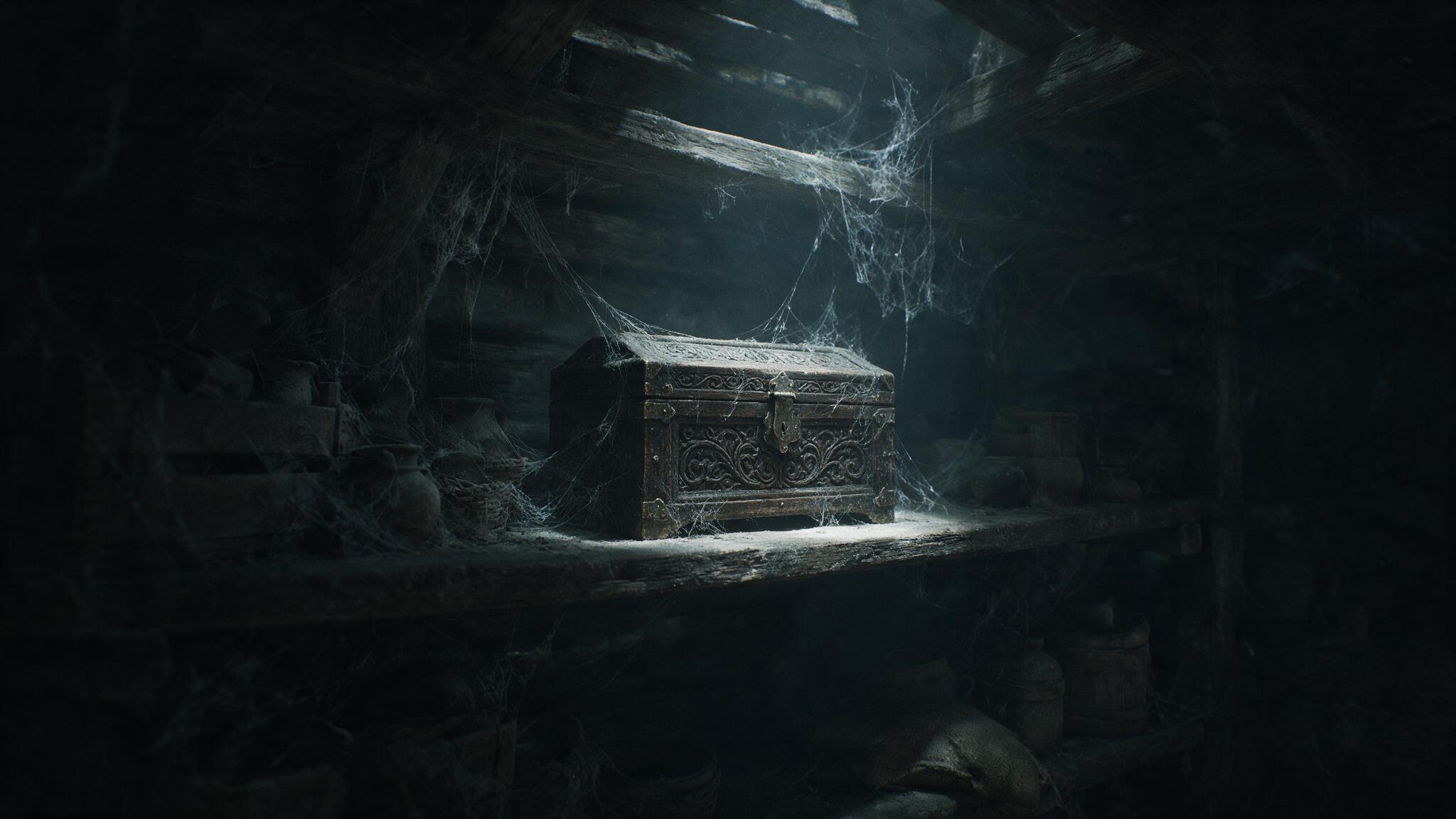 An old wooden box shut tight, standing alone in the corner of a dark room, the dying light of a candle and shadows spread thick around it, a chilling and eerie antique still life with a formless sense of dread (AI-generated image)