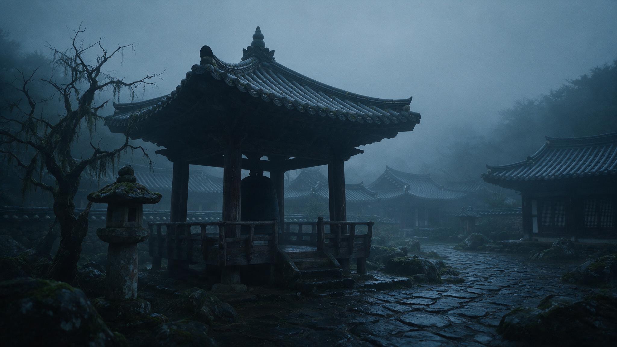霧のなかの暗い寺の境内、鐘楼と、その向こうにかすかに見える軒のシルエット（AI生成画像）