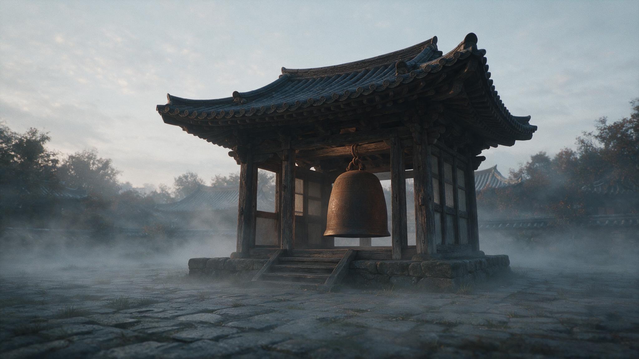 夕暮れ、寺の鐘楼に吊るされた巨大な青銅梵鐘の静かな遠景、霧と長い余韻の雰囲気（AI生成画像）