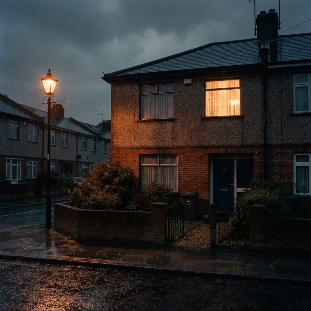 雨の降る夜、二階の窓一つだけに温かな明かりが灯る1970年代ロンドンの質素な公営住宅(AI生成画像)