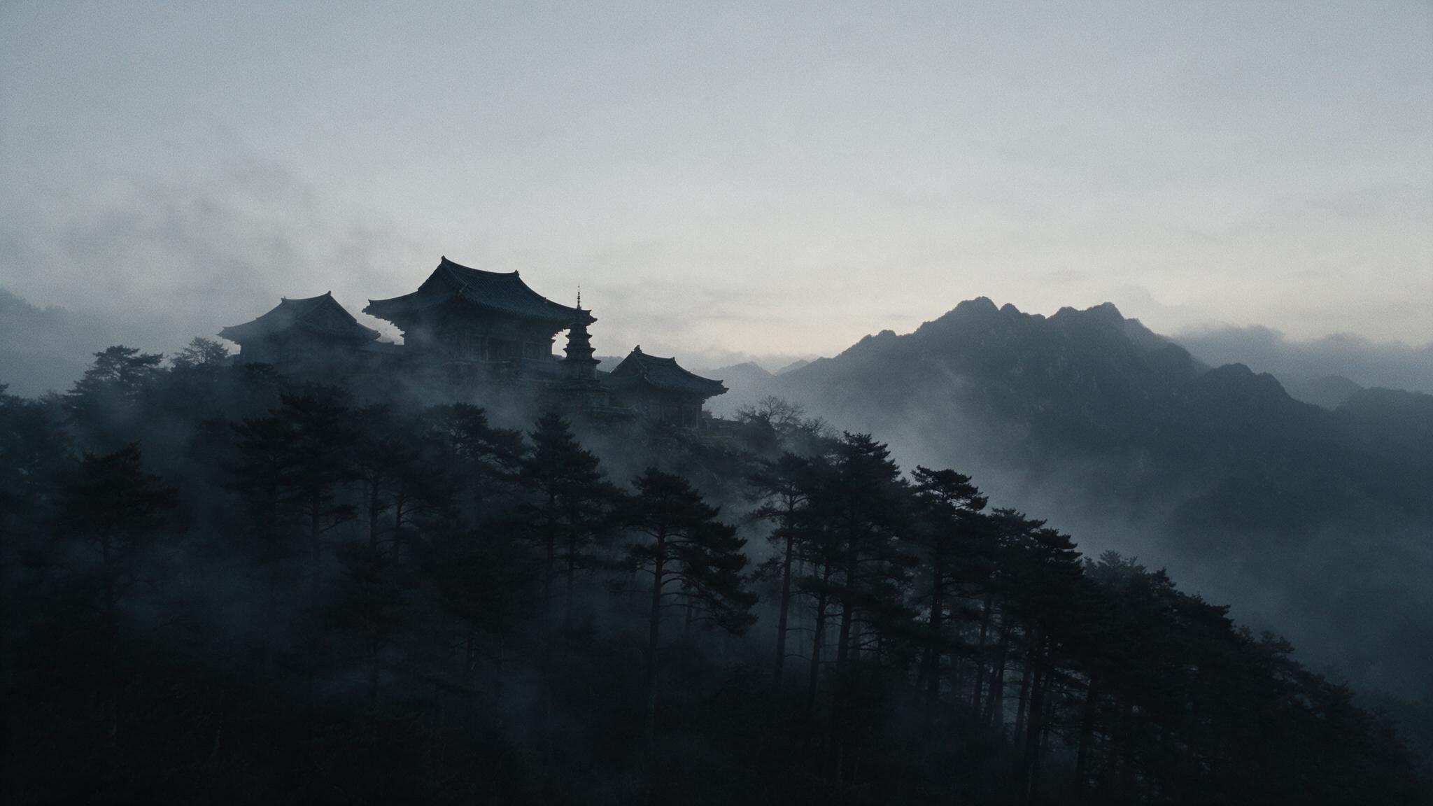 淡い灰色の夜明けの空を背景にシルエットだけが浮かぶ、霧に包まれた古代の山寺、暗い松林、人物なし、フォトリアル(AI生成画像)