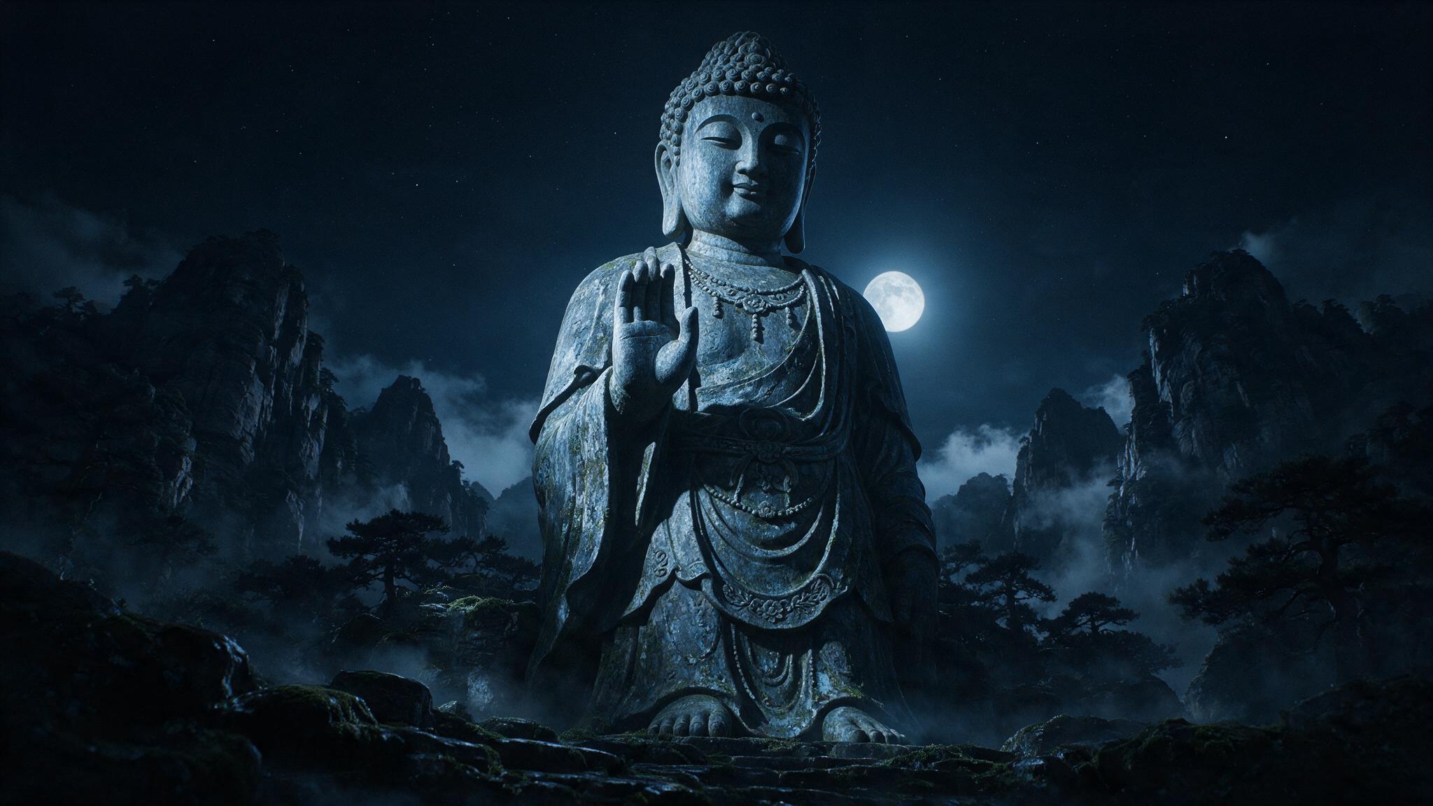 夜、深い影のなかに立つ巨大な古代の弥勒石仏、彫られた石の上に落ちる冷たい青い月光、威圧的で不気味、人物なし、フォトリアル(AI生成画像)