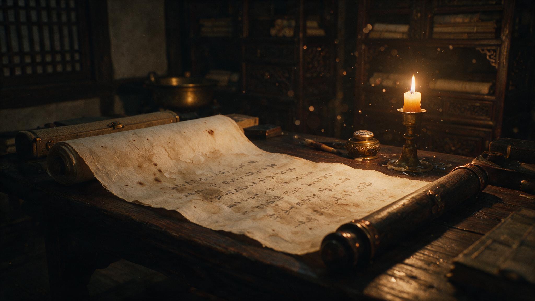 A half-unrolled scroll of aged mulberry paper by a single candle in a dark hanok study, brushwork blurred and illegible (AI-generated image)