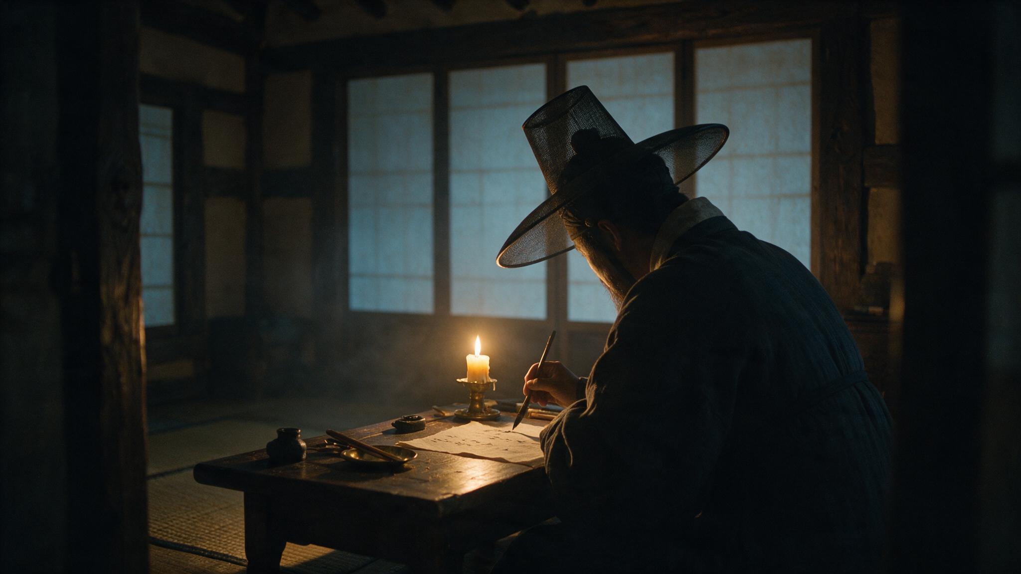 The silhouette of a scholar in hanbok and horsehair hat, seen from behind, writing by candlelight in a dark hanok room, face unseen (AI-generated image)
