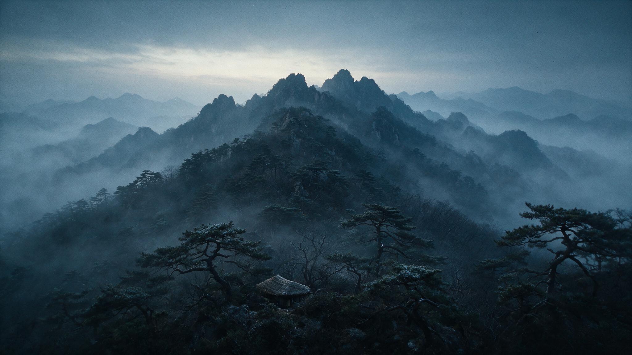 A misty mountain ridge at dawn in old Korea, layered peaks fading into fog, one thatched roof among pines (AI-generated image)