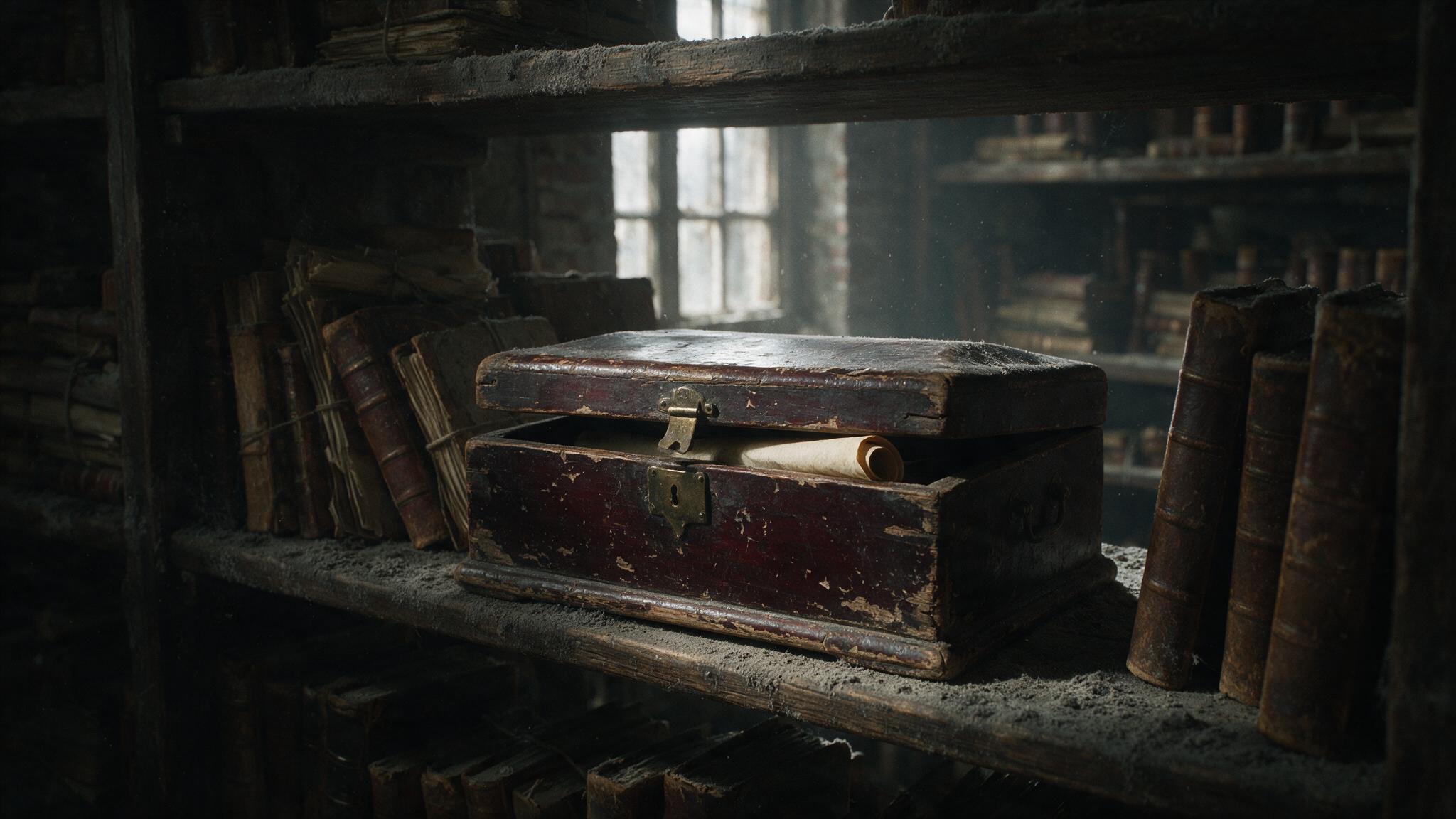 An old wooden document box, lacquer cracked, lid ajar on a dusty shelf, the pale edge of a rolled manuscript within (AI-generated image)
