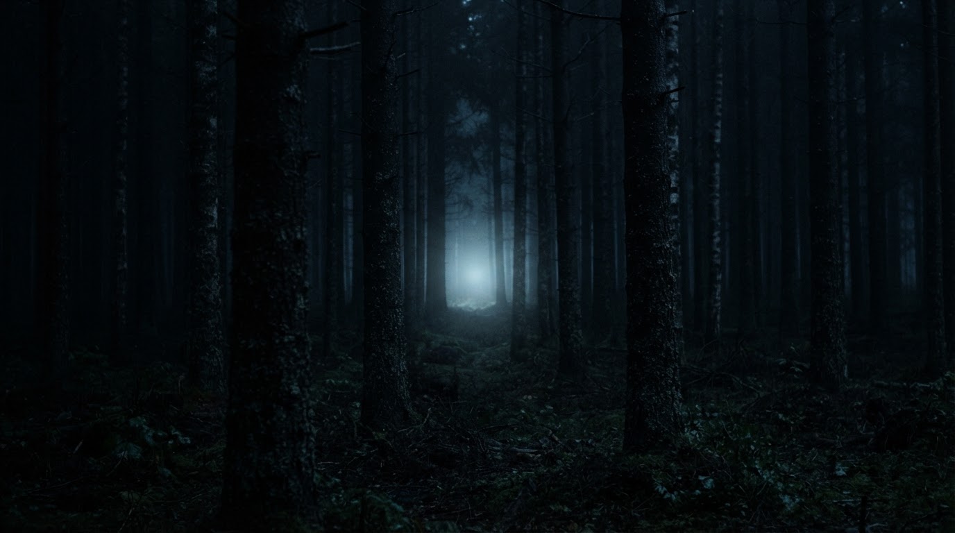 夜、遠くの黒い木々の幹のあいだに低く漂う、源のわからない冷たくかすかな光(AI生成画像)