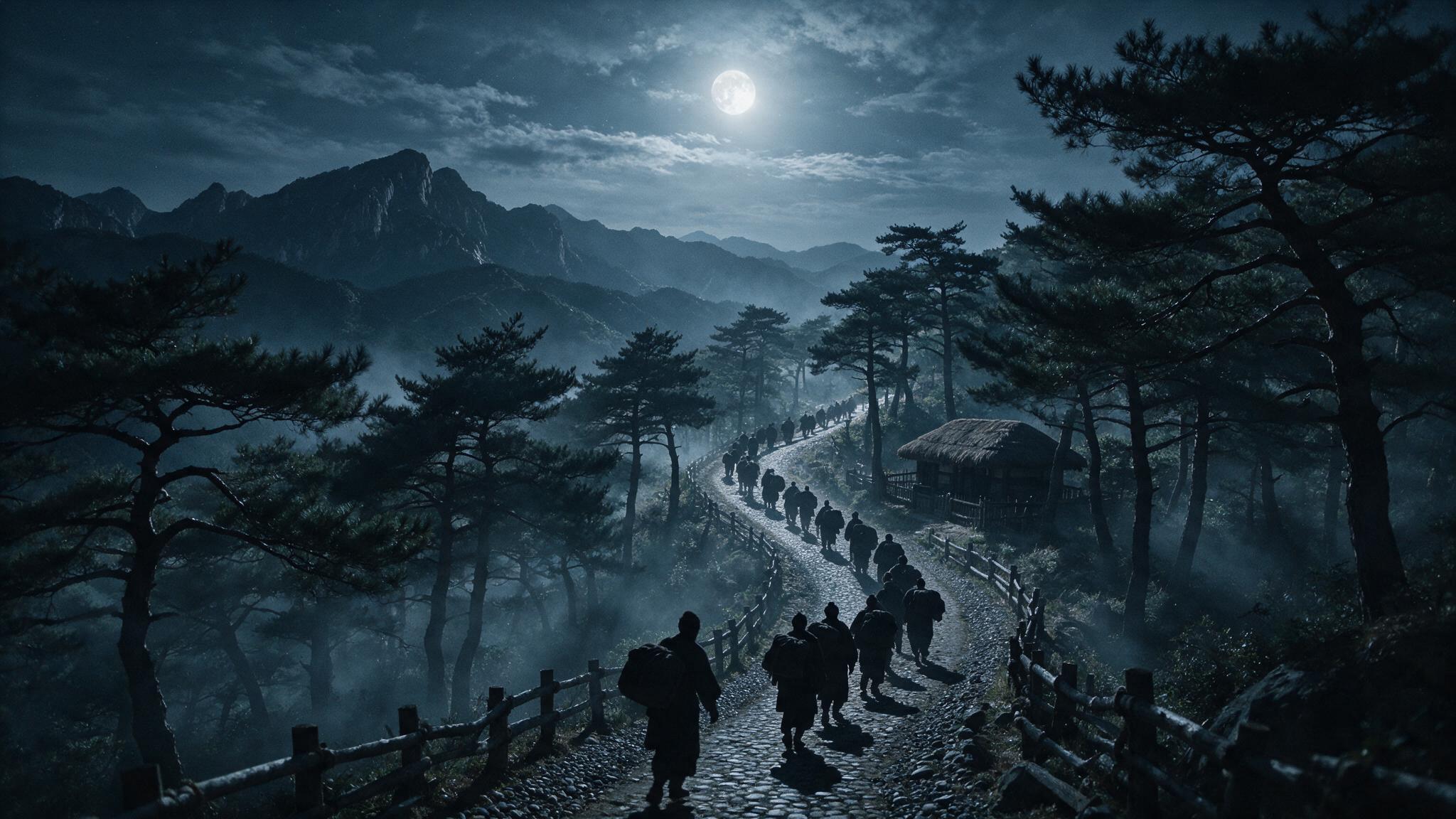 달밤의 조선 산길, 짐을 진 사람들의 어두운 실루엣 행렬, 얼굴 안 보임, 안개, 쓸쓸한 분위기 (AI 생성 이미지)