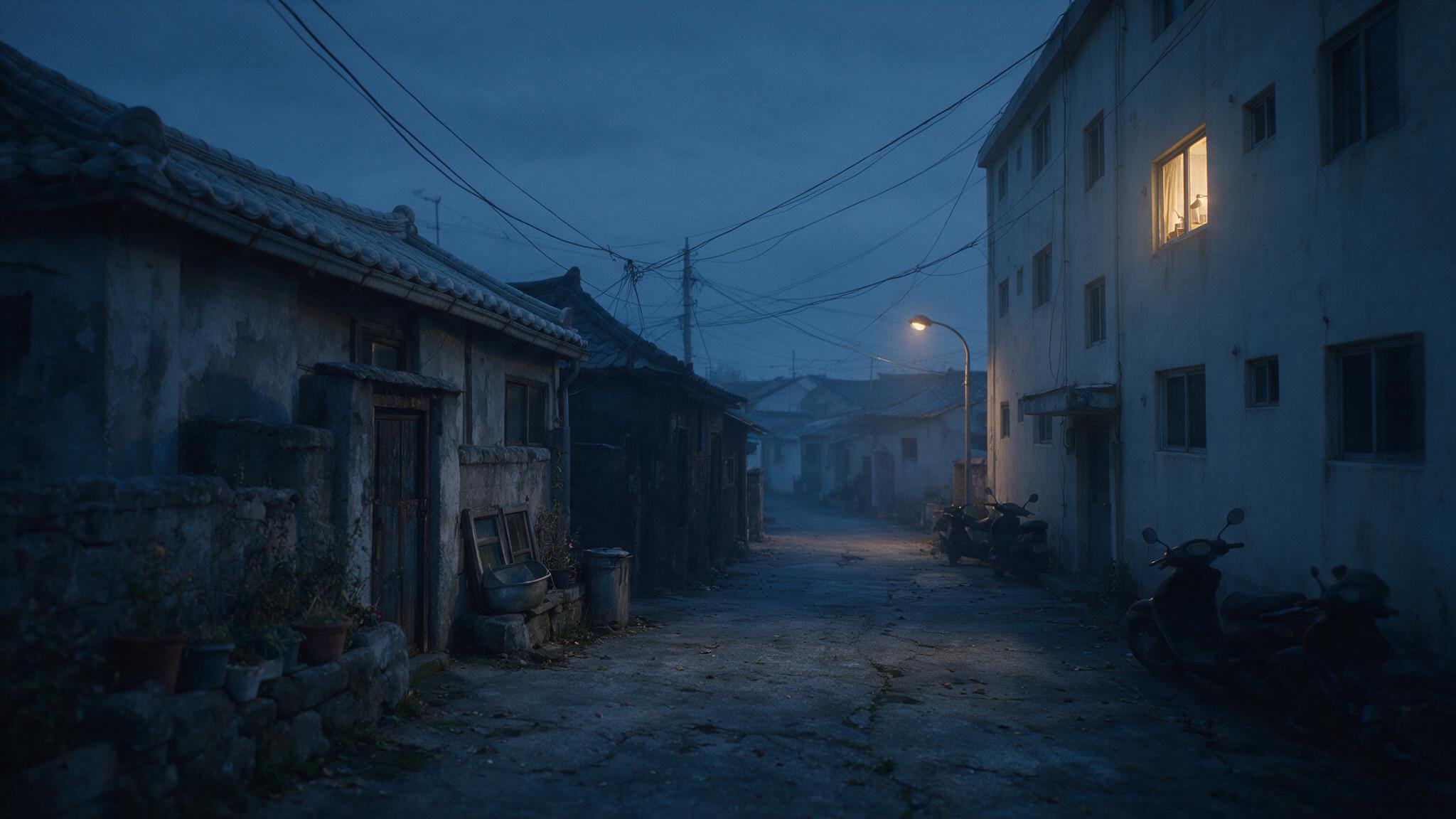 A dark old Korean alley at dawn with a single lit studio-apartment window, quiet and desolate atmosphere (AI-generated image)