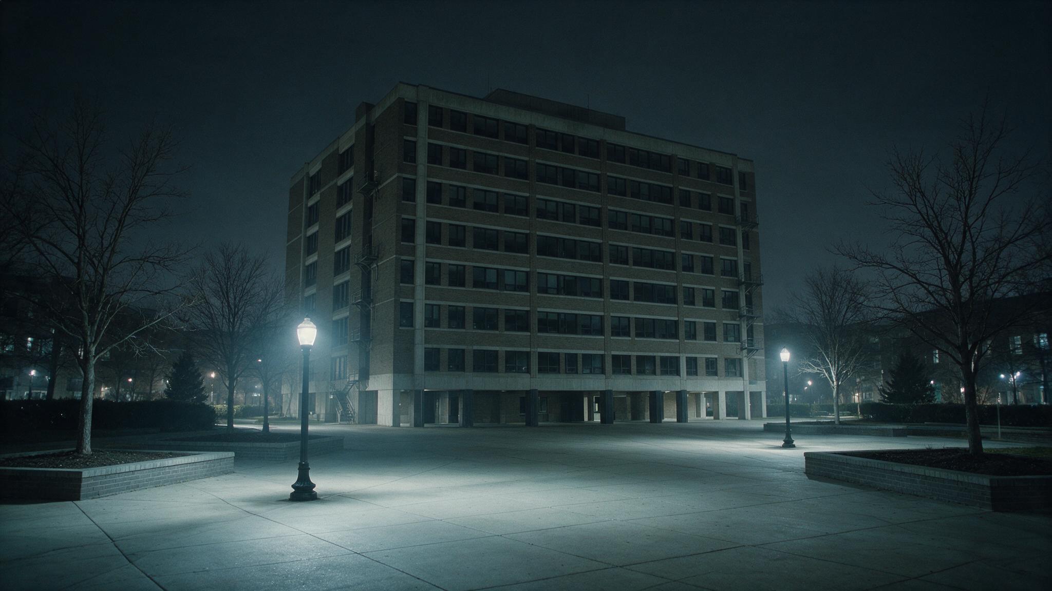 A Korean university campus at night, darkened lecture halls and an empty courtyard lit by street lamps (AI-generated image)