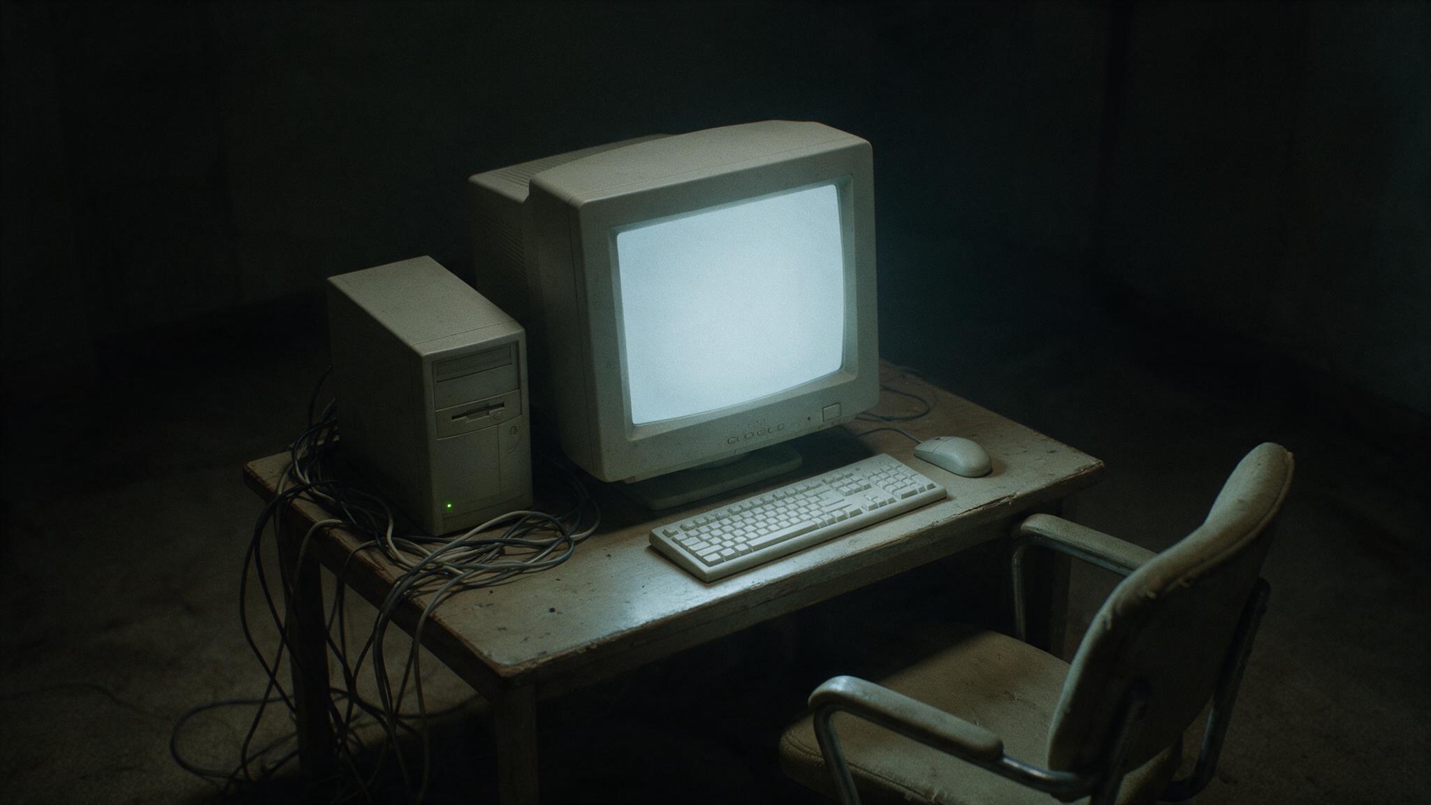 An old desktop computer on an empty desk in a dark room, only the faint glow of the monitor (AI-generated image)