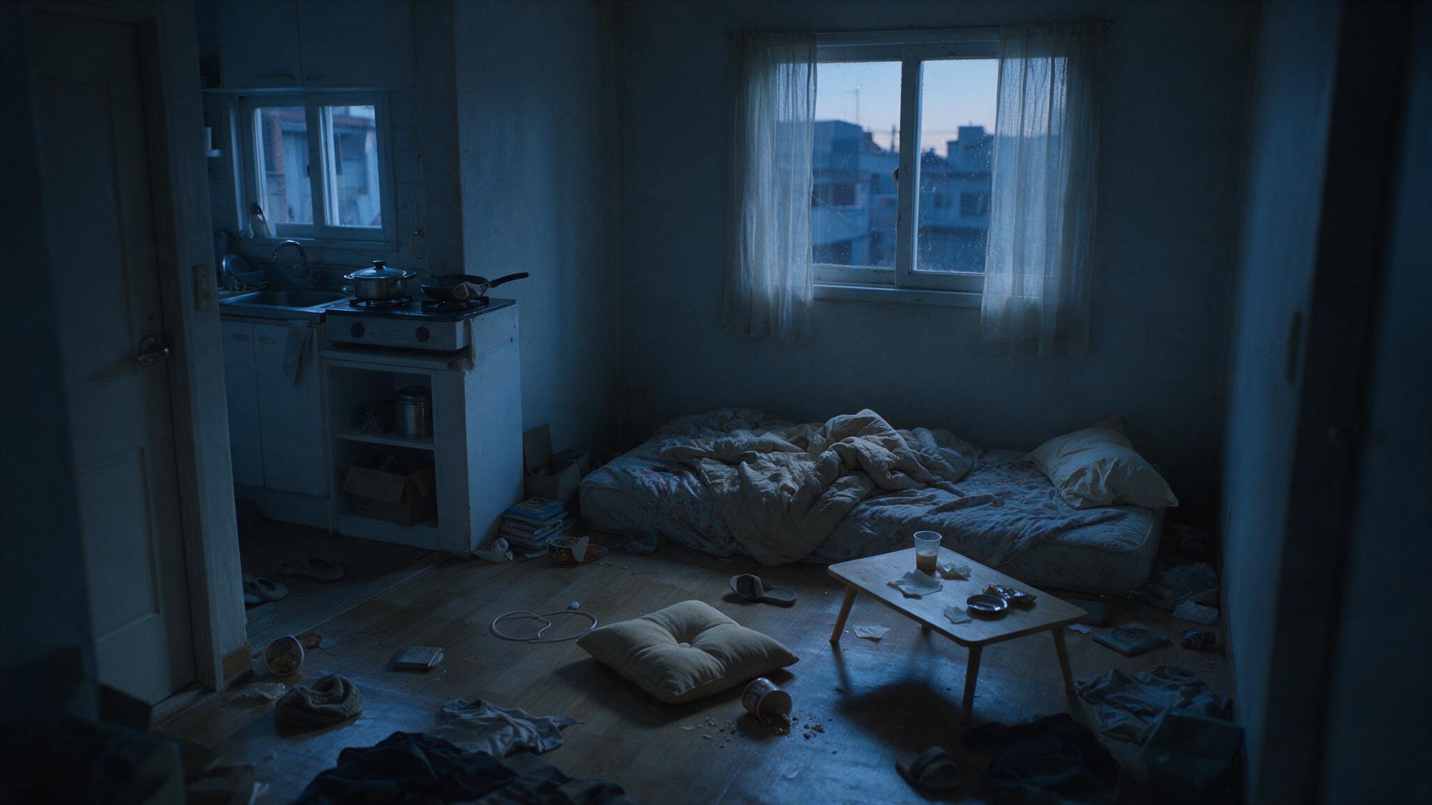 Interior of a cramped Korean studio apartment, disordered household items and an empty bed, dawn light through the window (AI-generated image)