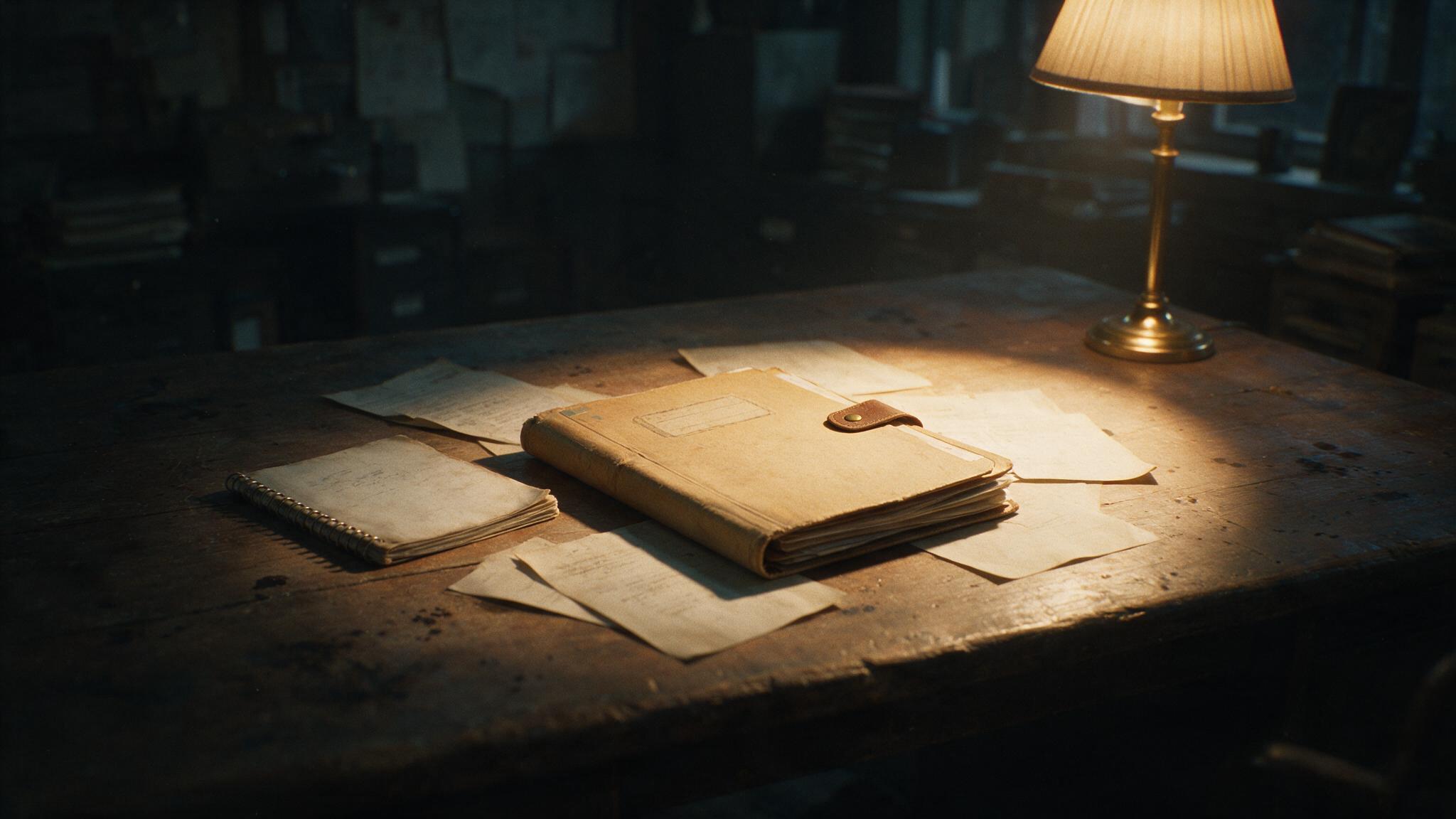 An old case file folder and a faded note, blurred beneath the light of a desk lamp (AI-generated image)