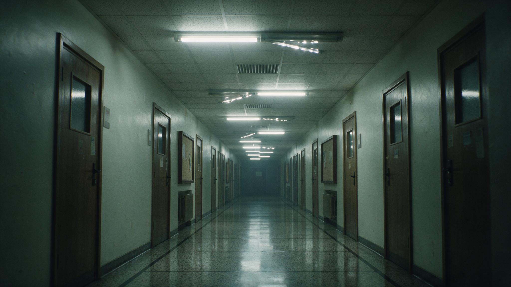An empty lecture-hall corridor at dawn, long shadows and a receding line of fluorescent lights (AI-generated image)