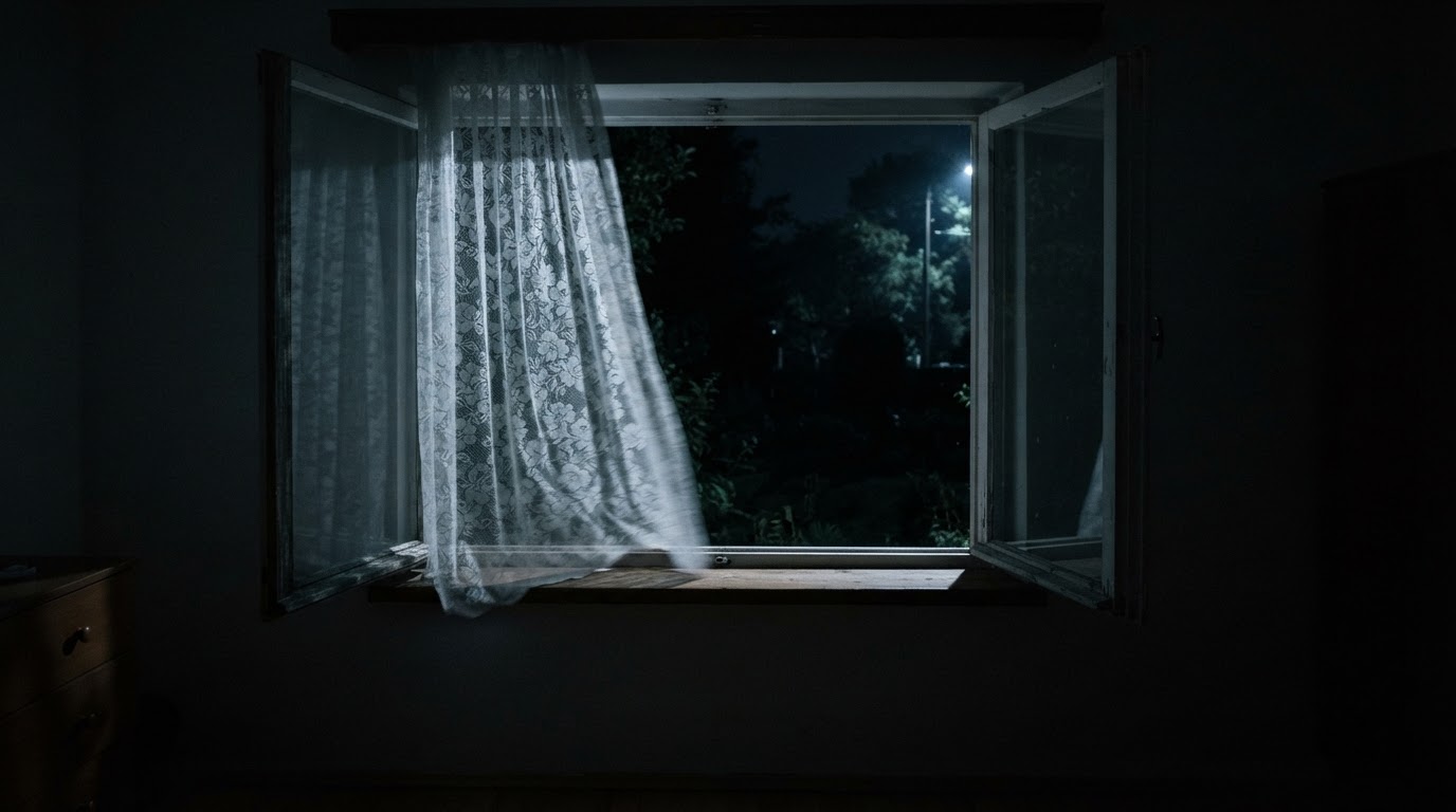 夜裡敞開的臥室窗戶,一襲薄窗簾在黑暗中晃動(AI生成圖像)