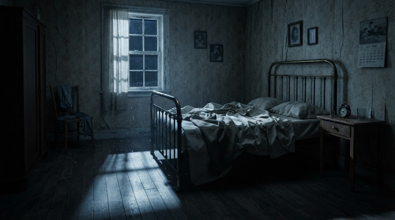 夜裡空蕩蕩的1940年代臥室,透窗而入的月光灑落在地板上,一片寂靜(AI生成圖像)
