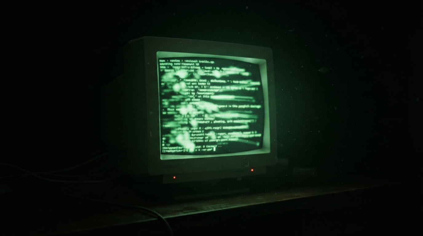 A 1990s CRT monitor glowing with green terminal text, the characters blurred and illegible in the dark (AI-generated image)