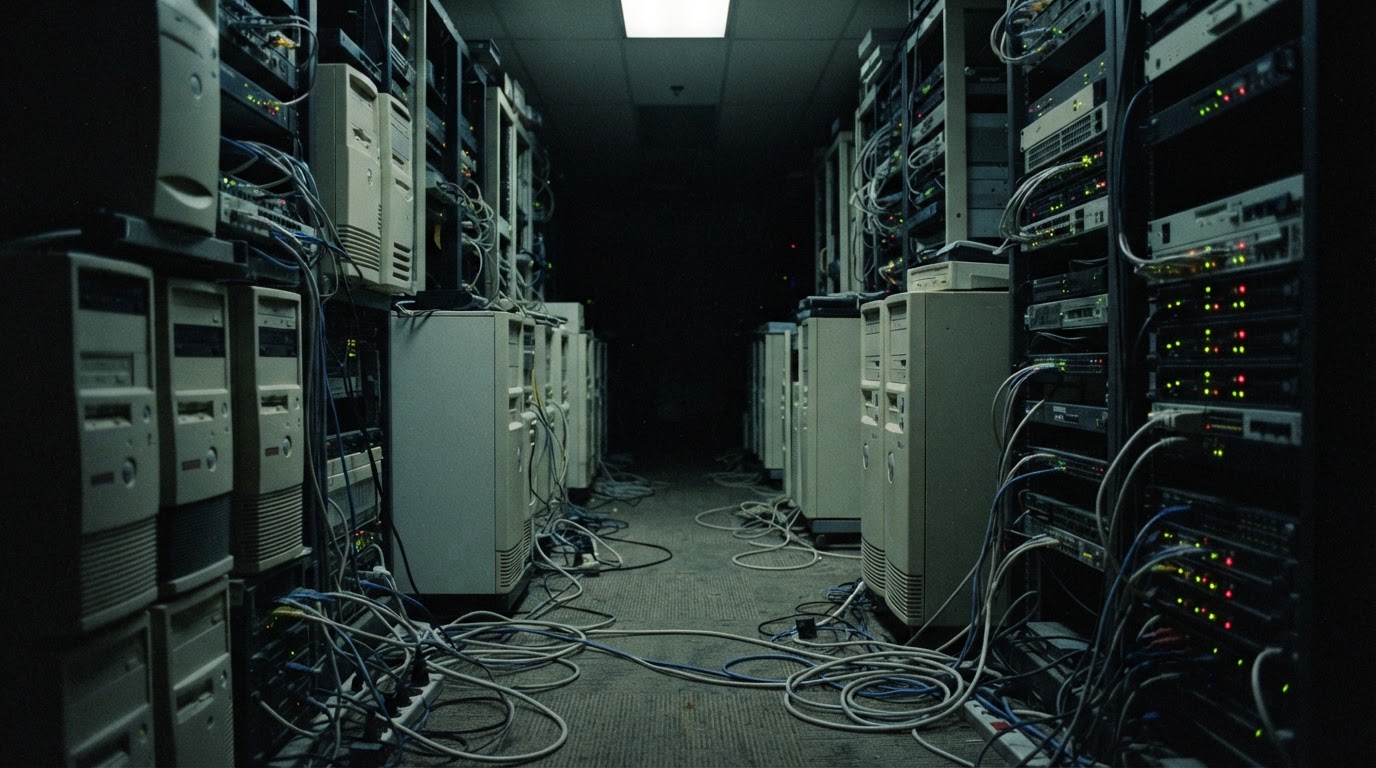 A dim server room of the mid-1990s, rows of beige machines and blinking indicator lights receding into shadow (AI-generated image)