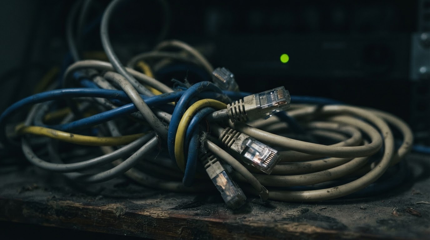 A tangle of ethernet and telephone modem cables coiled together in dim light, connectors catching a faint glow (AI-generated image)