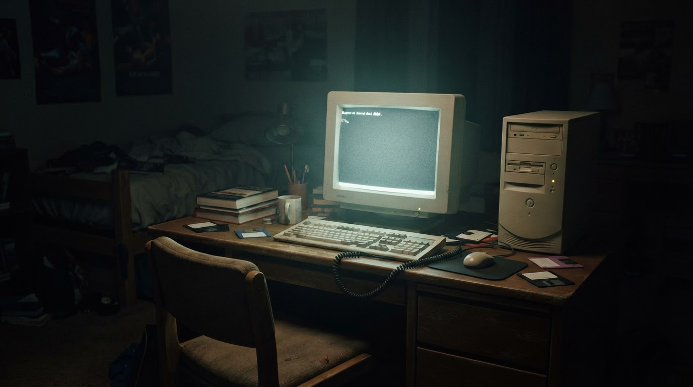 A dark 1990s dorm-room desk with a beige desktop computer, faint monitor glow the only light in the room (AI-generated image)