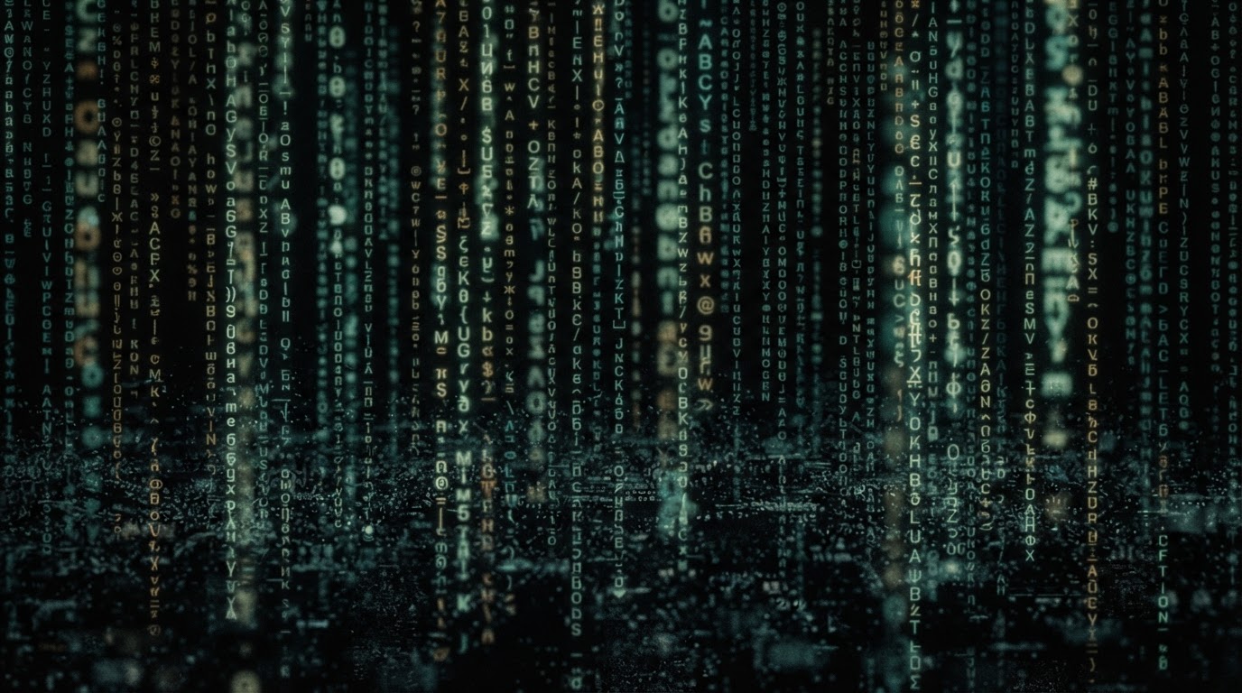 An abstract wall of faint, glowing, unreadable characters dissolving into black static, no legible text anywhere (AI-generated image)