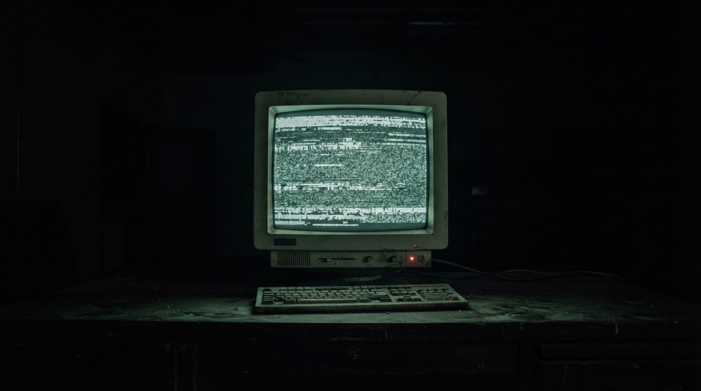 A single dim CRT monitor glowing faintly in an empty dark room, its screen full of unreadable static (AI-generated image)