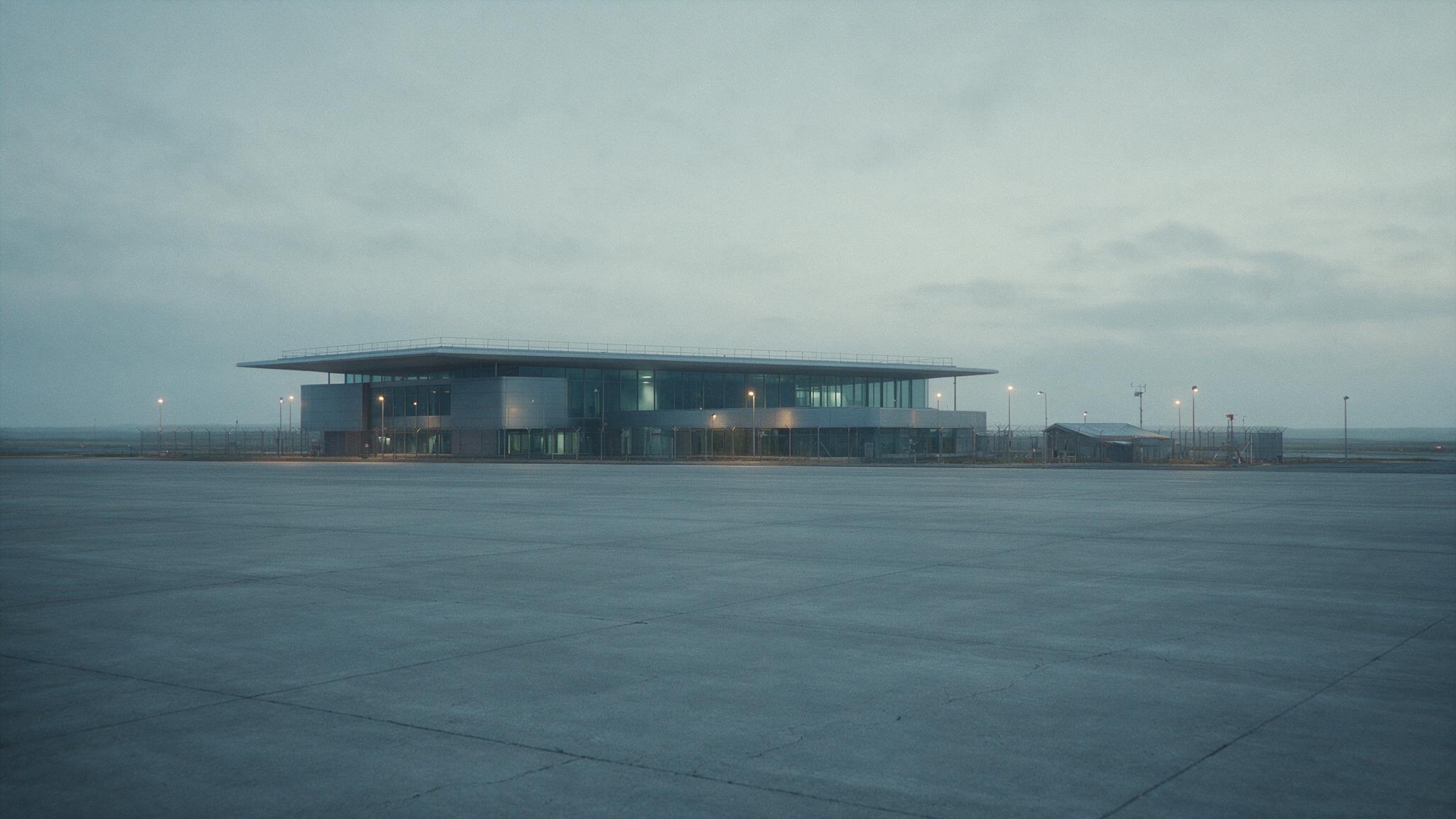 A small provincial airport terminal seen from across an empty apron at dusk, no people, photorealistic (AI-generated image)