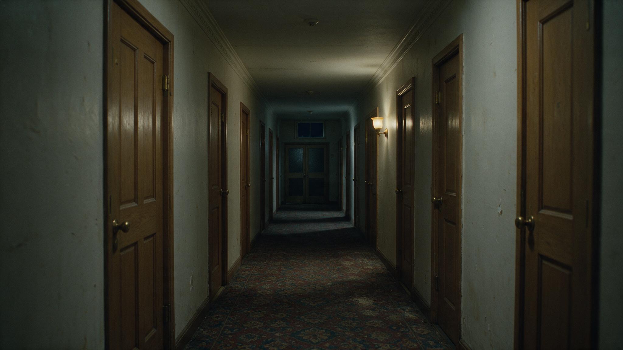 An empty hotel corridor at night, one dim wall lamp, long shadows, no people, photorealistic (AI-generated image)