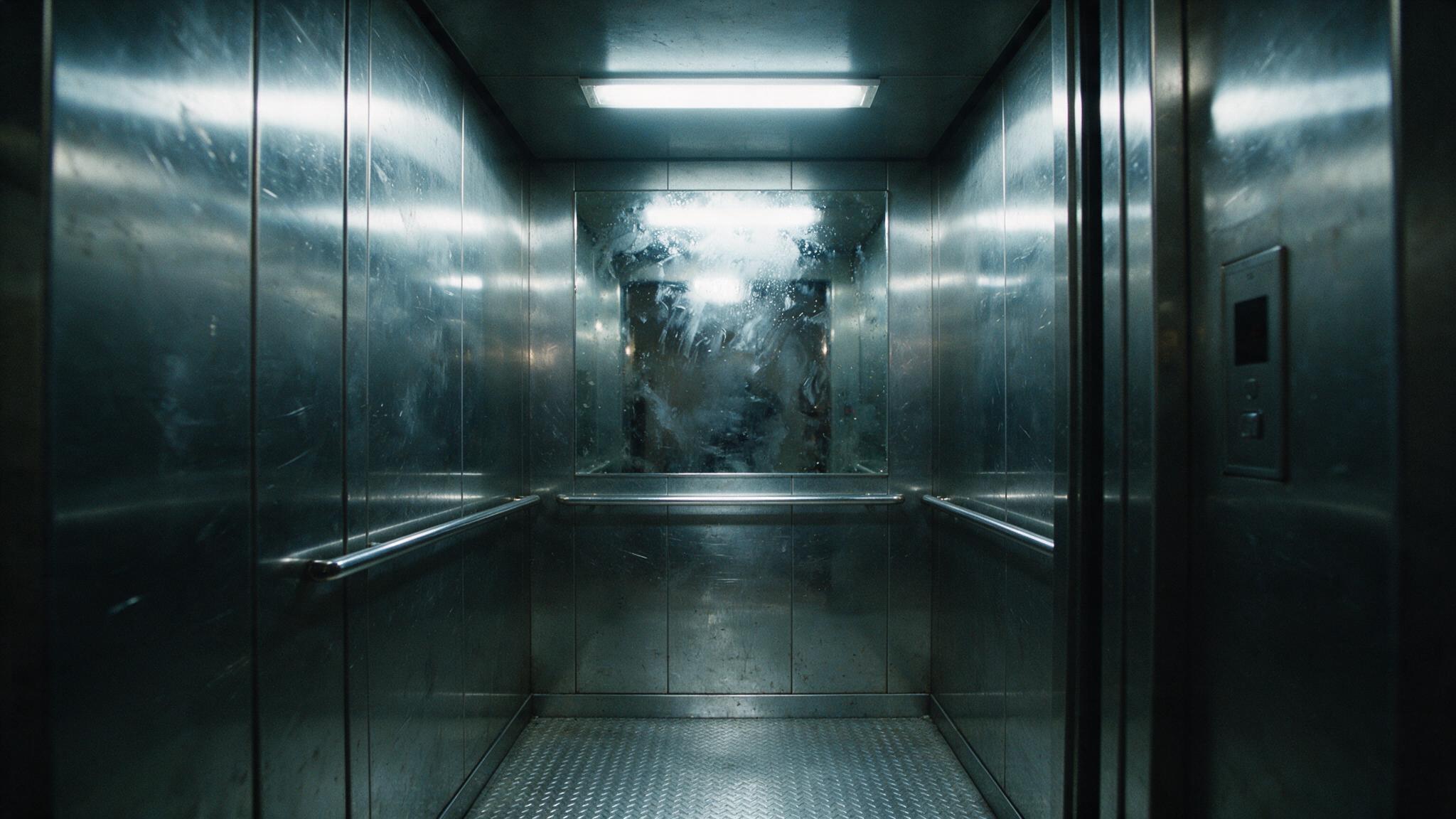 Interior of a hotel elevator at night, empty, cold fluorescent light reflecting on metal walls, no people, photorealistic (AI-generated image)