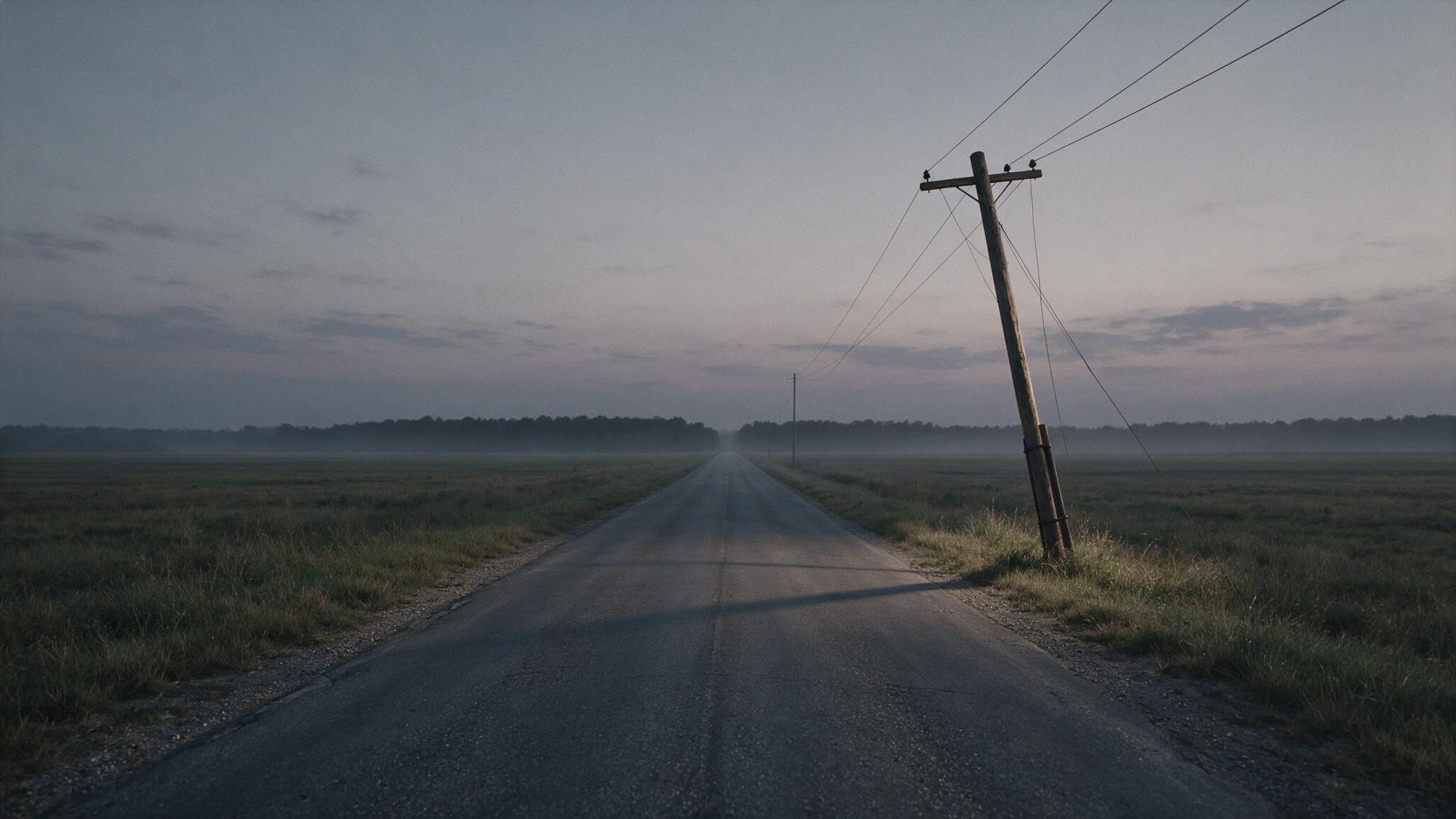 A lonely two-lane road at dusk in flat countryside, no cars, no people, distant tree line, photorealistic (AI-generated image)