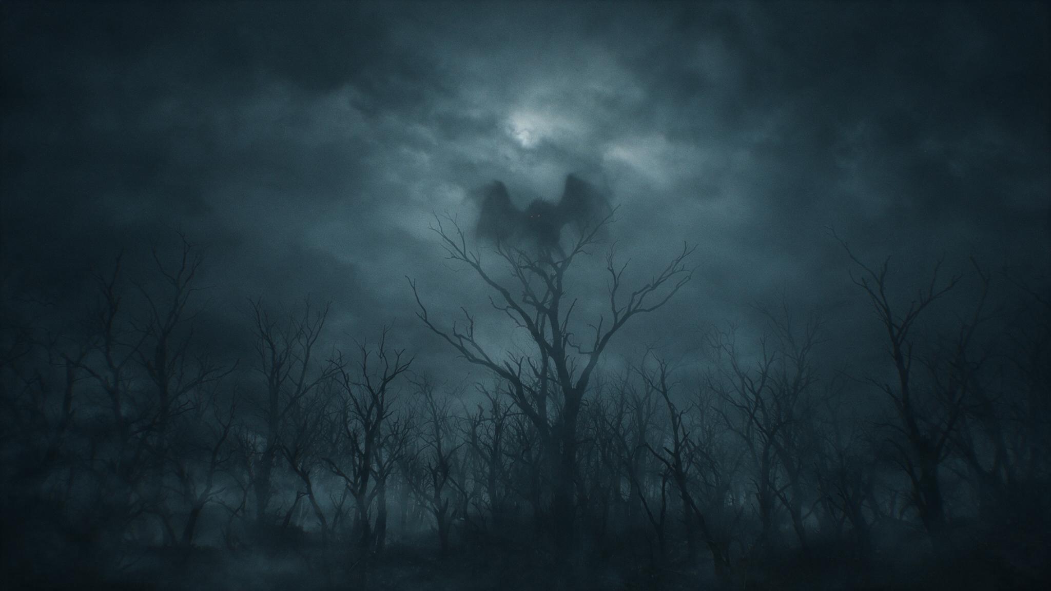 霧のかかる夜空を背に、遠くの木の上にかかる大きな翼を持つ影の輪郭、その姿は闇に沈んで具体的には見えず、外形だけが浮かび上がる、低く垂れこめた水霧、不吉で陰鬱な雰囲気（雰囲気の再現・実際の記録ではない、AI生成画像）