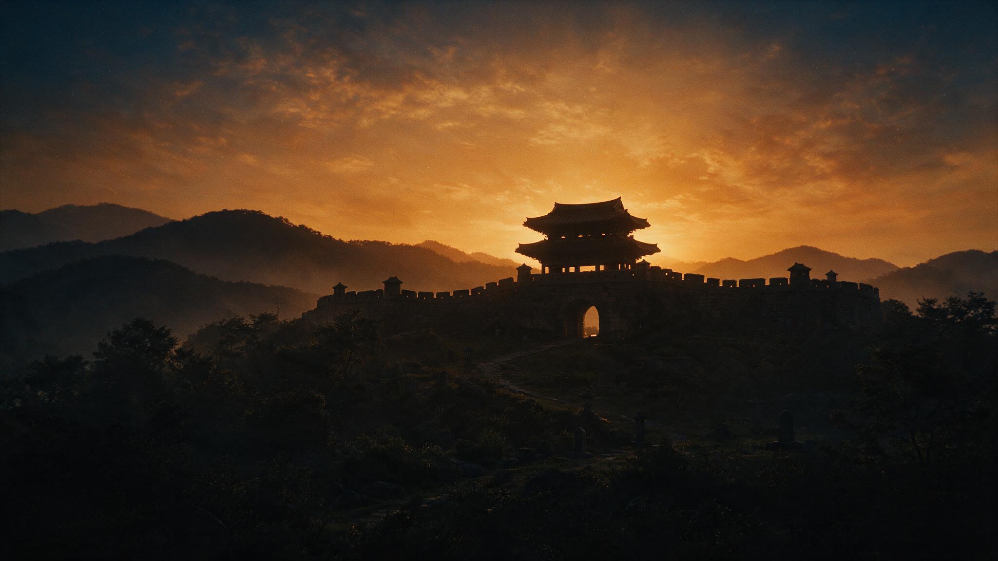 The silhouette of an ancient Silla royal fortress and walls, a sky at sunset, a grand and majestic mood, no human faces (AI-generated image)