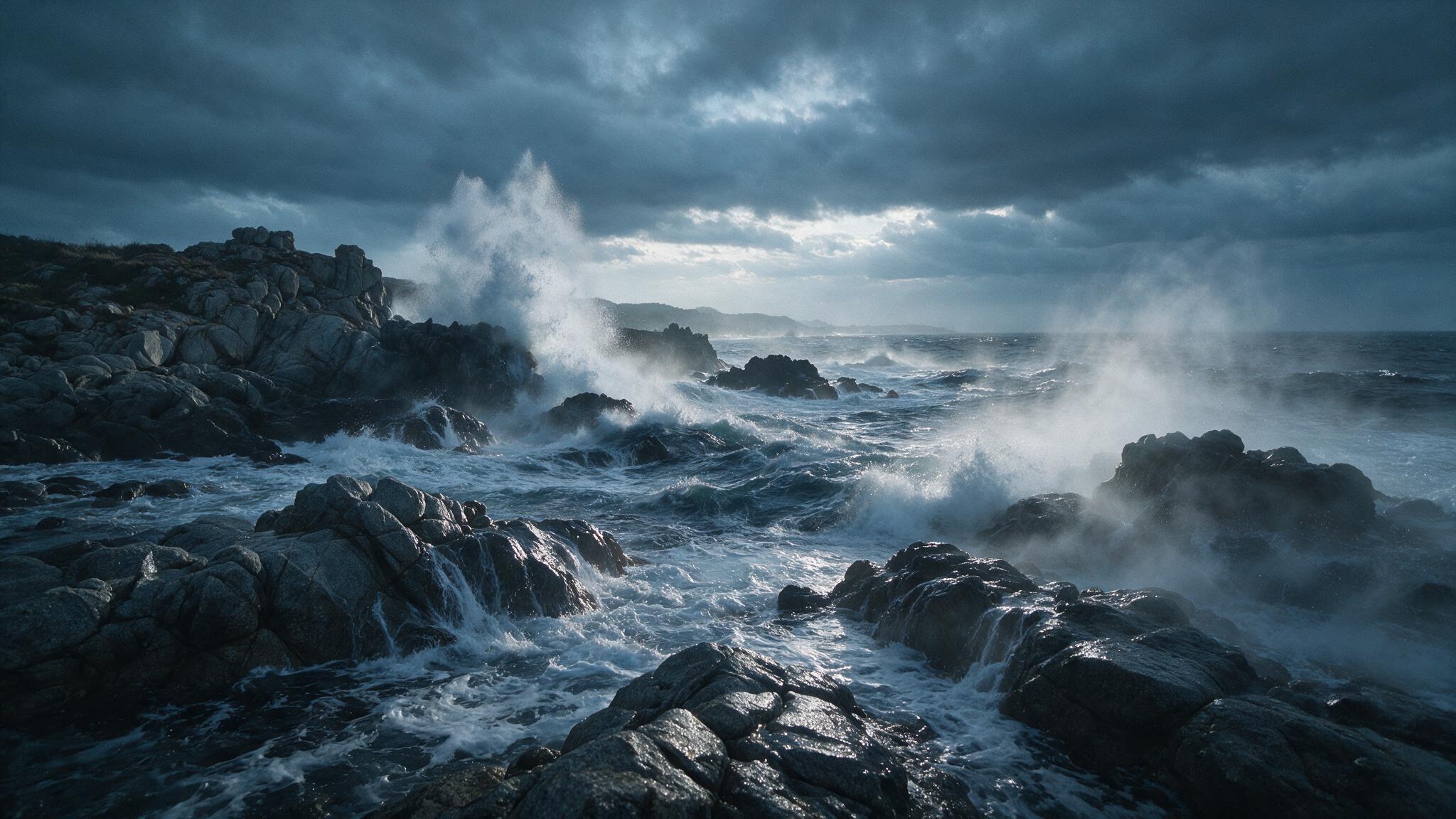 Fierce waves breaking against coastal rocks, spray and mist, a grand and mysterious tone, no people (AI-generated image)