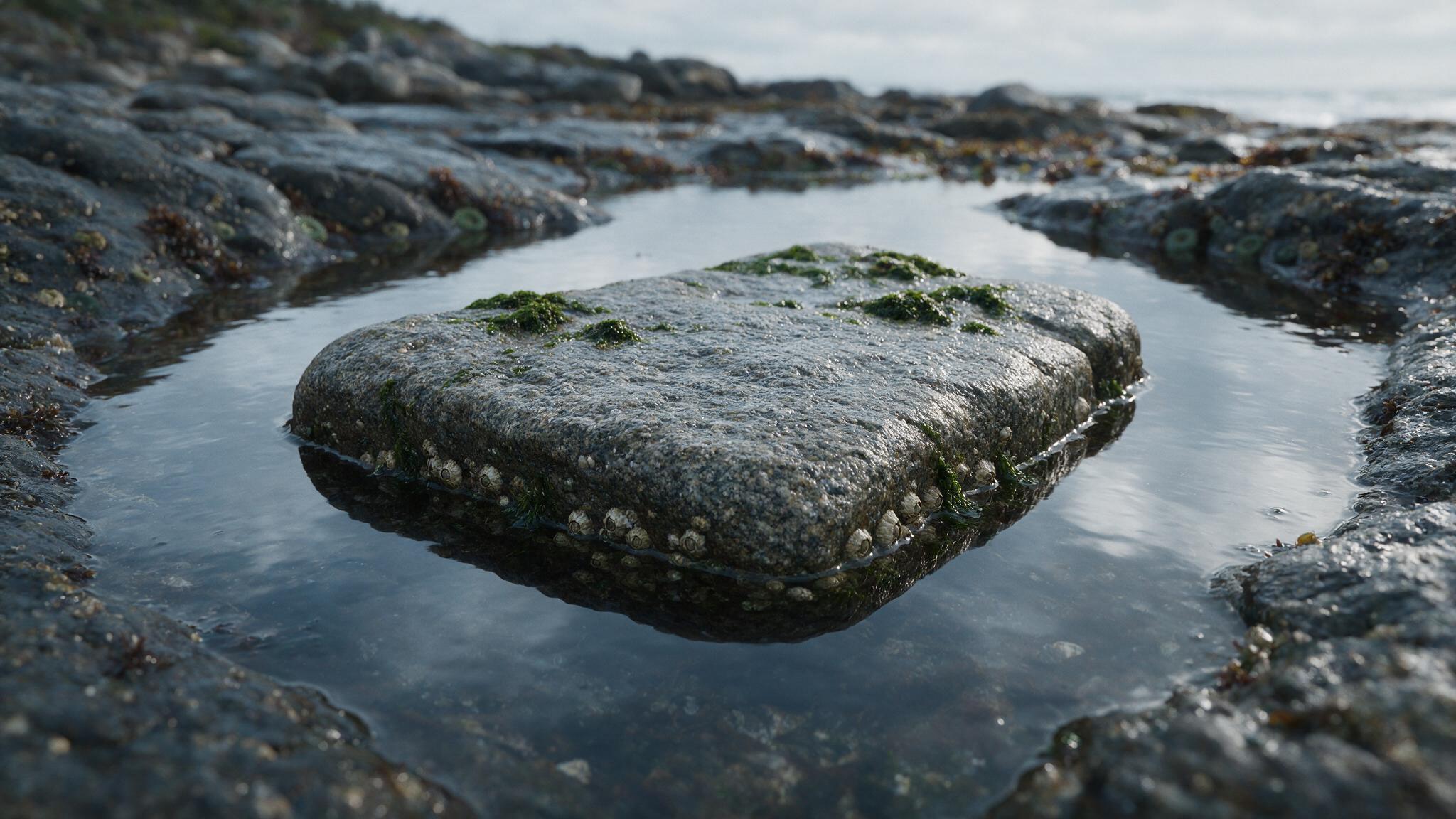 A broad flat rock exposed at low tide beneath the sea, an artificial channel holding water, moss and wetness, realistic (AI-generated image)