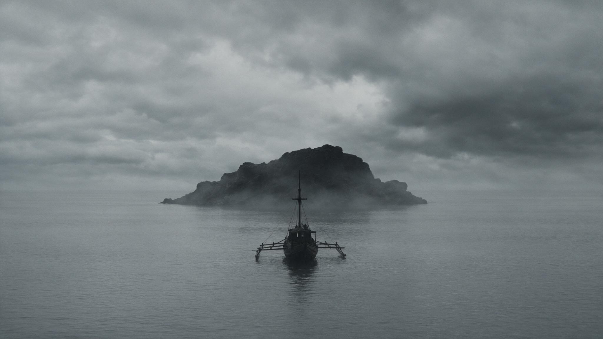 The silhouette of an old wooden boat approaching the rocky islet under an overcast sky, a grey sea, a desolate mood, no visible faces (AI-generated image)