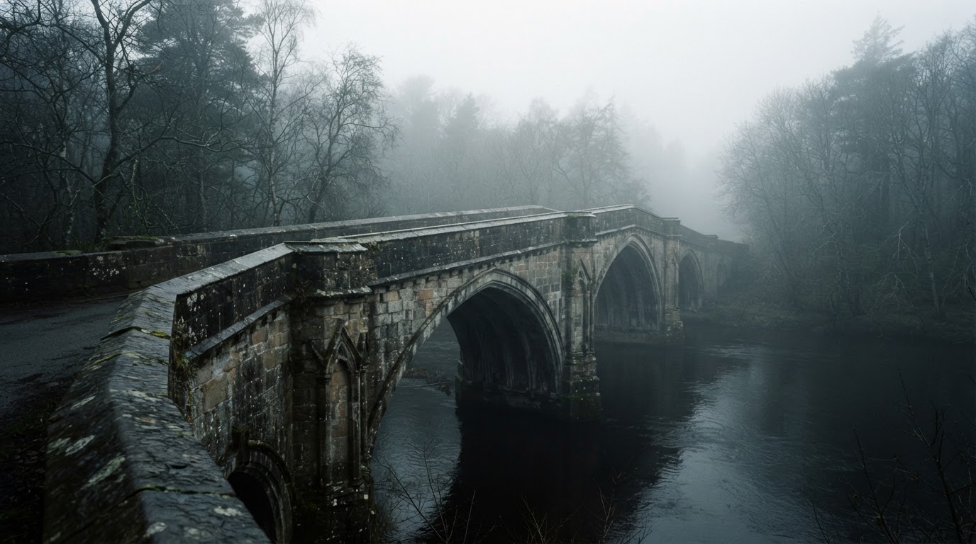 A Victorian gothic stone bridge shrouded in cold morning mist in a wooded Scottish estate (AI-generated image)