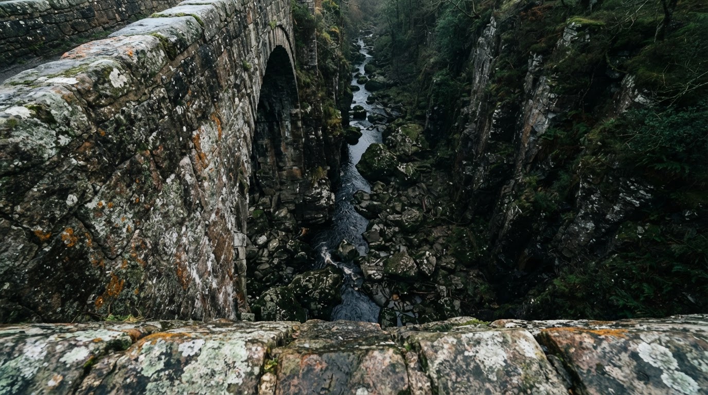 A view over the low stone parapet down into a narrow rocky gorge with a dark stream far below (AI-generated image)