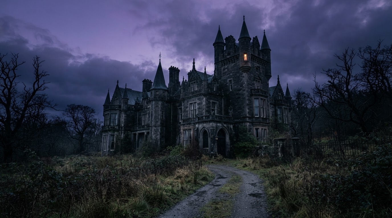 A grand Victorian gothic mansion at dusk against a bruised violet sky (AI-generated image)