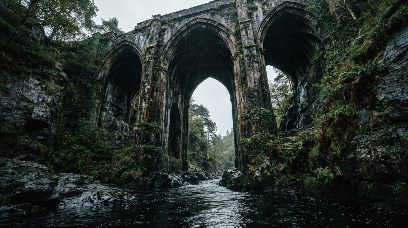 The mossy underside of an old stone bridge, three gothic arches seen from the gorge below (AI-generated image)