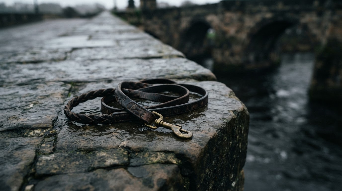 A single dog's leash lying coiled on wet dark stone at the edge of a bridge (AI-generated image)