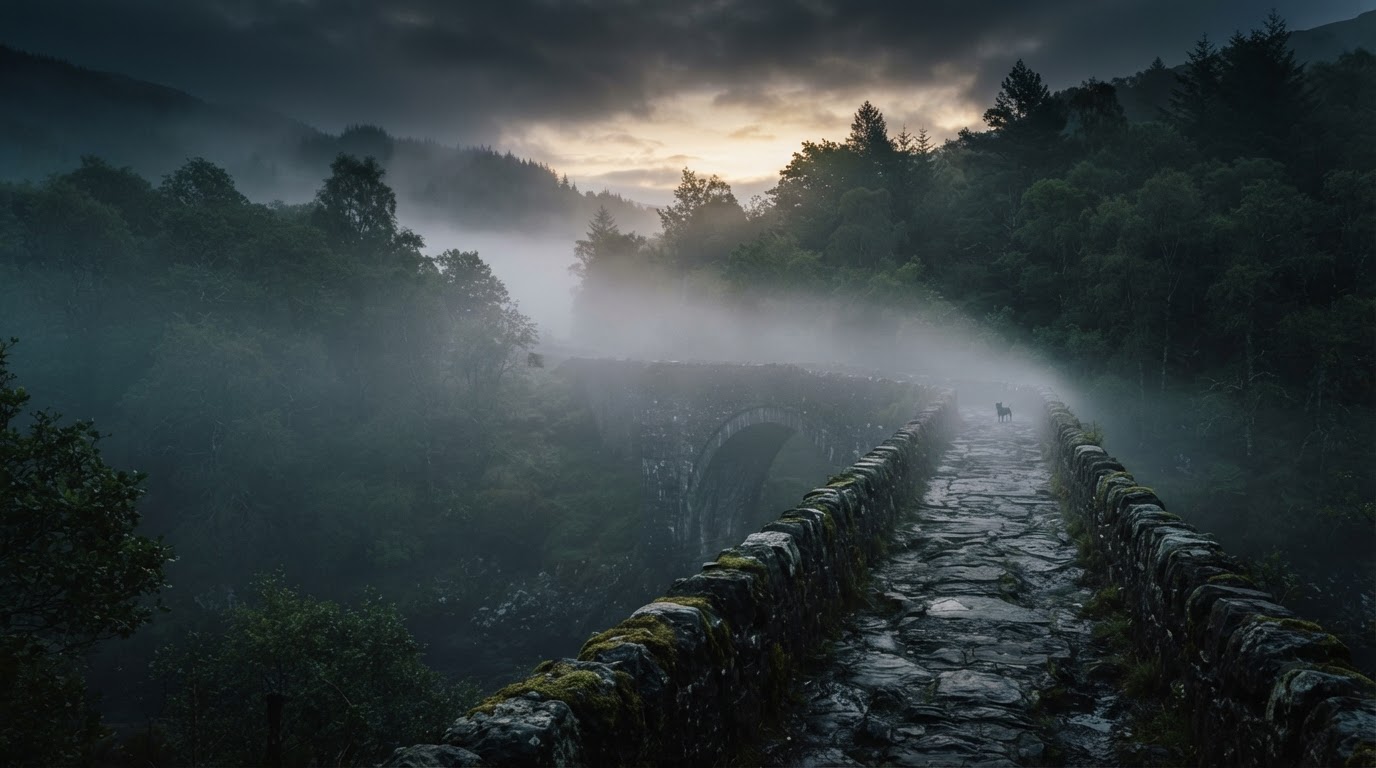 Dawn fog rolling low over an old stone bridge in a wooded Scottish valley (AI-generated image)