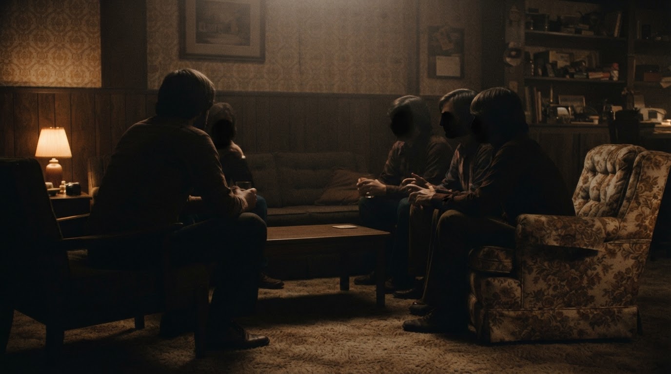 1970년대 거실에 둘러앉아 진지하게 대화하는 여러 사람의 실루엣, 얼굴은 보이지 않음 (AI 생성 이미지)