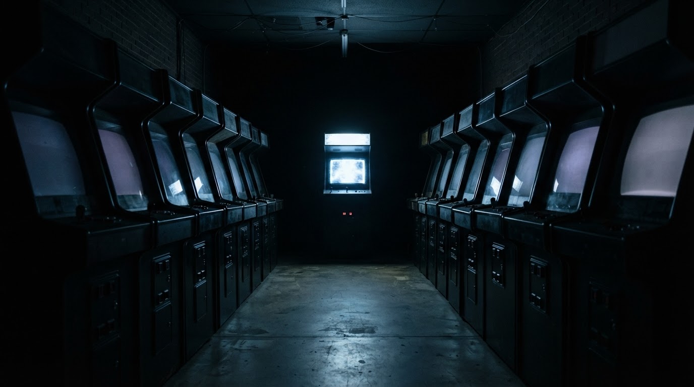 A dark 1980s arcade at night, rows of cabinets lit by their screens, one black cabinet glowing coldly at the far end (AI-generated image)