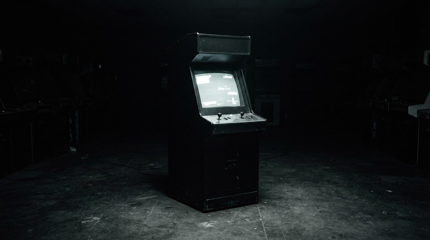A single black arcade cabinet standing alone in shadow, its screen throwing a cold glow onto the floor, no visible logos or text (AI-generated image)