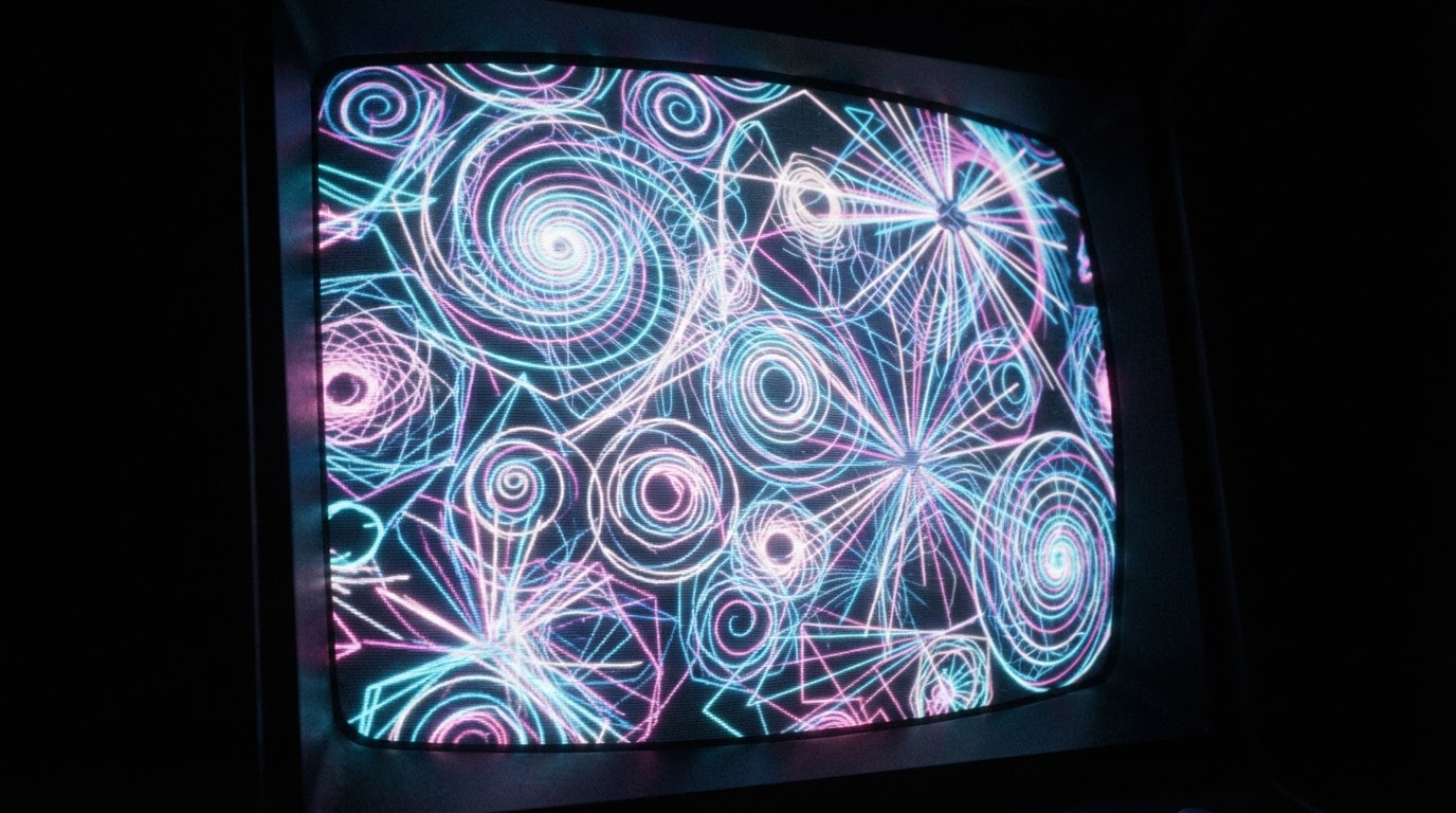 An abstract swirl of glowing vector-like lines and geometric shapes on a dark screen, hypnotic, no readable text or numbers (AI-generated image)