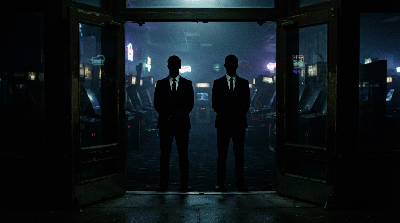 Two dark-suited figures seen in silhouette standing at the doorway of an arcade at night, backlit, faces not visible (AI-generated image)
