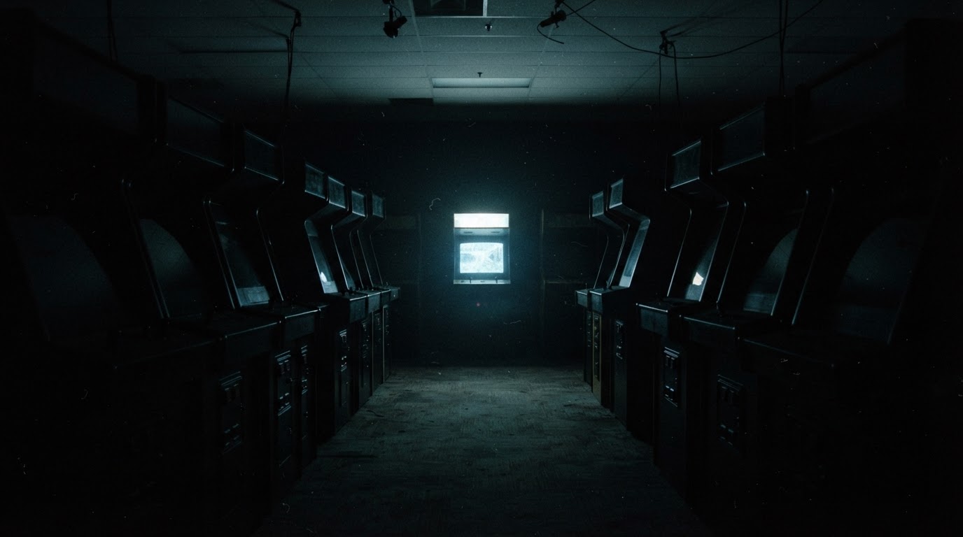 An empty arcade at night, cabinets dark and silent, a single machine at the far end still faintly glowing, no people (AI-generated image)